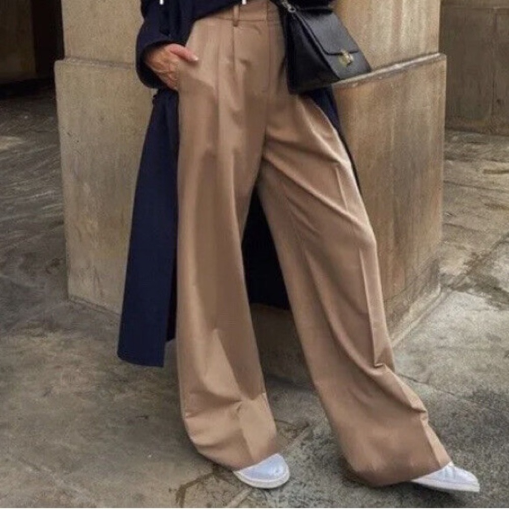 Zara Khaki Pleated Trouser Wide Leg - Size Small